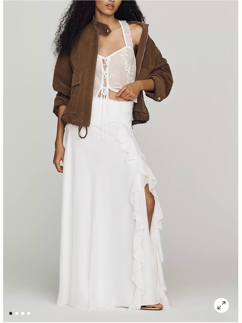 Anthropologie White Maxi Skirt with Ruffle Side Slit